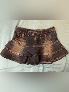 Women's Distress Denim Midi ruffle layer Skirt Blue Dark Wash 28 waist